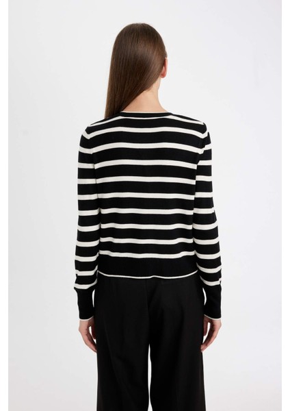 Regular Fit Çizgili Bisiklet Yaka Düğmeli Triko Hırka