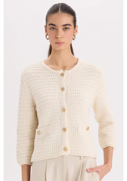 Regular Fit Bisiklet Yaka Dokulu Düğmeli Triko Hırka D3304AX24WN