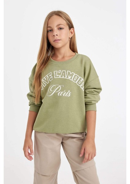 Kız Çocuk Yeşil Relax Fit Bisiklet Yaka Baskılı Sweatshirt