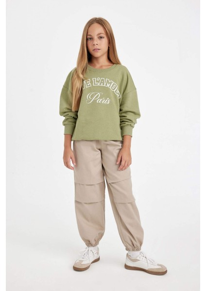 Kız Çocuk Yeşil Relax Fit Bisiklet Yaka Baskılı Sweatshirt