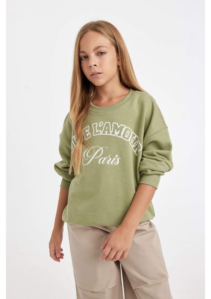 Kız Çocuk Yeşil Relax Fit Bisiklet Yaka Baskılı Sweatshirt