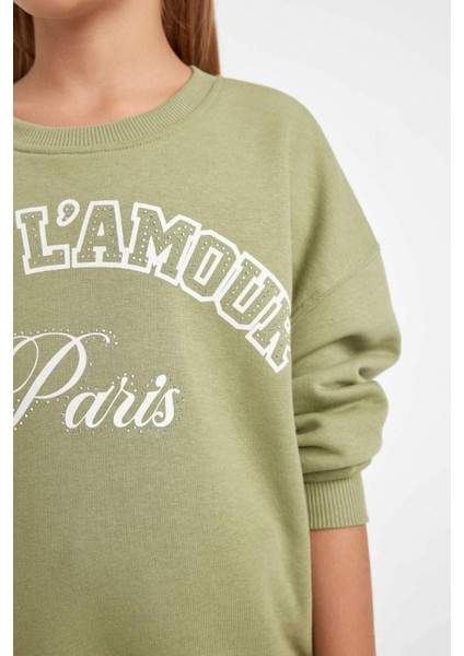 Kız Çocuk Yeşil Relax Fit Bisiklet Yaka Baskılı Sweatshirt