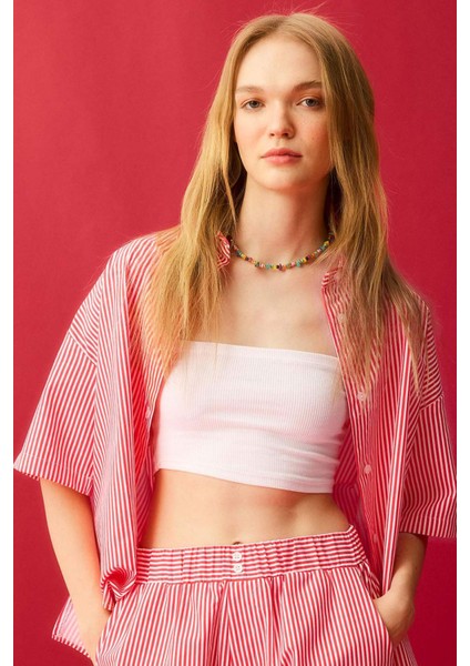 Coool Oversize Çizgili Poplin Kısa Kollu Gömlek D3835AX24HS