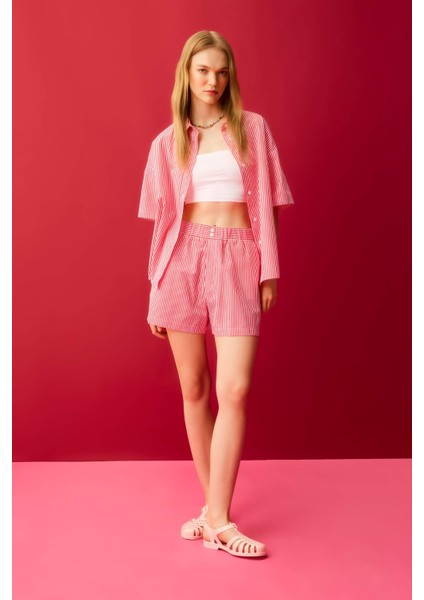 Coool Oversize Çizgili Poplin Kısa Kollu Gömlek D3835AX24HS