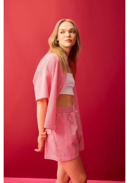 Coool Oversize Çizgili Poplin Kısa Kollu Gömlek D3835AX24HS