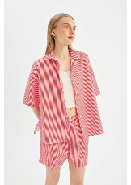 Coool Oversize Çizgili Poplin Kısa Kollu Gömlek D3835AX24HS