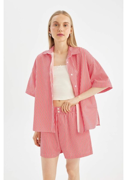 Coool Oversize Çizgili Poplin Kısa Kollu Gömlek D3835AX24HS