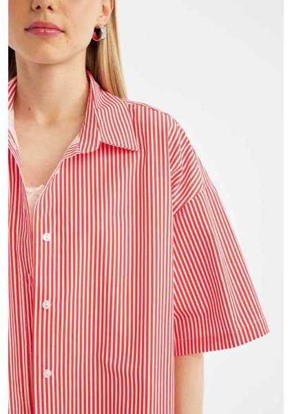 Coool Oversize Çizgili Poplin Kısa Kollu Gömlek D3835AX24HS