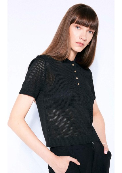 Regular Fit Ajurlu Polo Yaka Kısa Kollu Siyah Triko Kazak D4161AX24AU