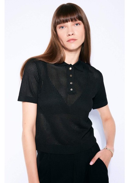 Regular Fit Ajurlu Polo Yaka Kısa Kollu Siyah Triko Kazak D4161AX24AU