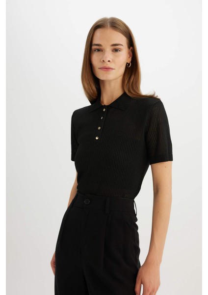 Regular Fit Ajurlu Polo Yaka Kısa Kollu Siyah Triko Kazak D4161AX24AU