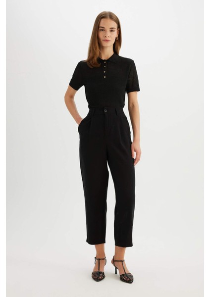 Regular Fit Ajurlu Polo Yaka Kısa Kollu Siyah Triko Kazak D4161AX24AU