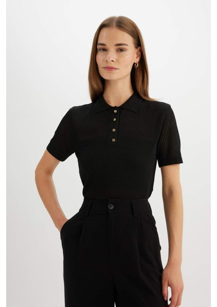 Regular Fit Ajurlu Polo Yaka Kısa Kollu Siyah Triko Kazak D4161AX24AU
