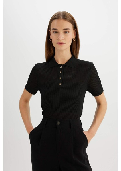 Regular Fit Ajurlu Polo Yaka Kısa Kollu Siyah Triko Kazak D4161AX24AU