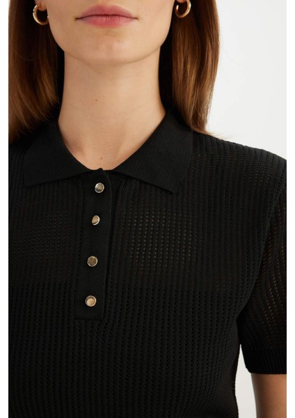 Regular Fit Ajurlu Polo Yaka Kısa Kollu Siyah Triko Kazak D4161AX24AU