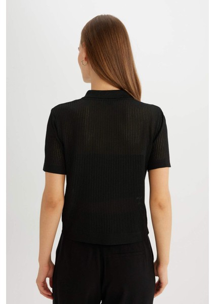 Regular Fit Ajurlu Polo Yaka Kısa Kollu Siyah Triko Kazak D4161AX24AU