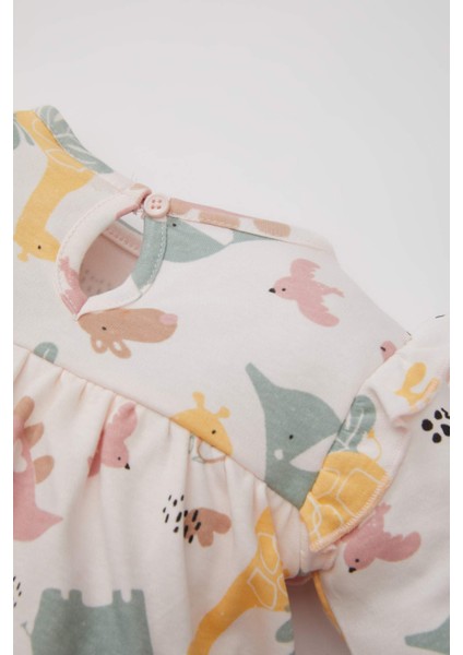 Kız Bebek Yeni Doğan 2'li Takım Düğmeli Safari Baskılı Uzun Kollu Tulum Çorap D2700A524AU