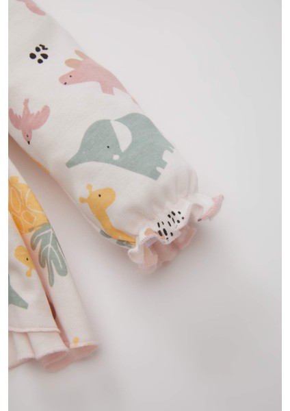 Kız Bebek Yeni Doğan 2'li Takım Düğmeli Safari Baskılı Uzun Kollu Tulum Çorap D2700A524AU