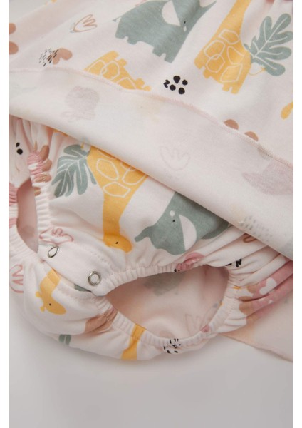 Kız Bebek Yeni Doğan 2'li Takım Düğmeli Safari Baskılı Uzun Kollu Tulum Çorap D2700A524AU