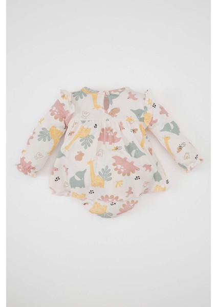 Kız Bebek Yeni Doğan 2'li Takım Düğmeli Safari Baskılı Uzun Kollu Tulum Çorap D2700A524AU