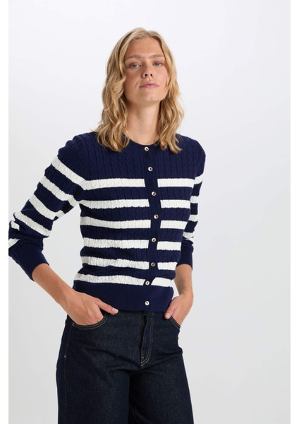 Regular Fit Çizgili Bisiklet Yaka Düğmeli Triko Hırka A2138AX24WN