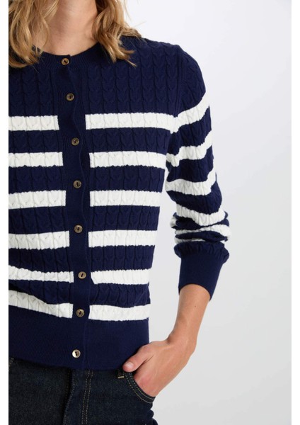 Regular Fit Çizgili Bisiklet Yaka Düğmeli Triko Hırka A2138AX24WN