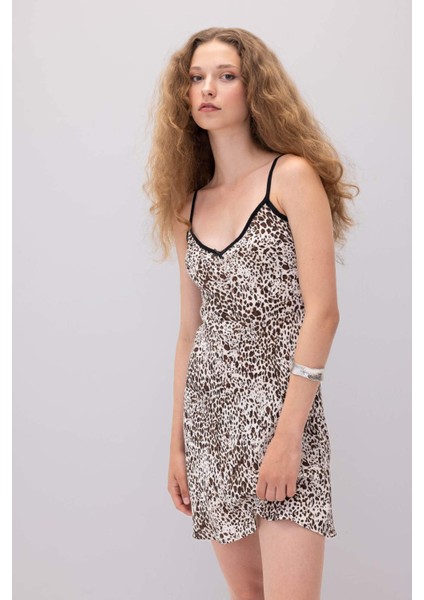 V Yaka Leopar Desenli Askılı Mini Elbise D3545AX24HS