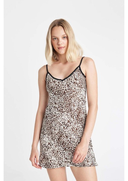 V Yaka Leopar Desenli Askılı Mini Elbise D3545AX24HS