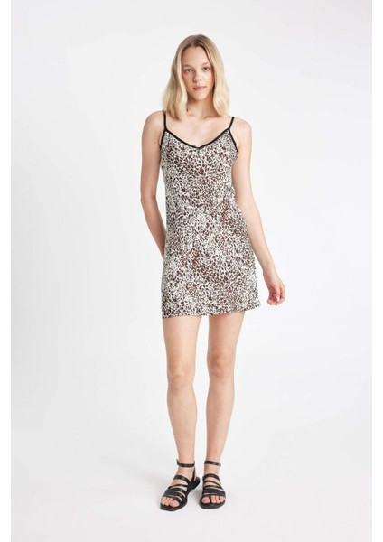 V Yaka Leopar Desenli Askılı Mini Elbise D3545AX24HS