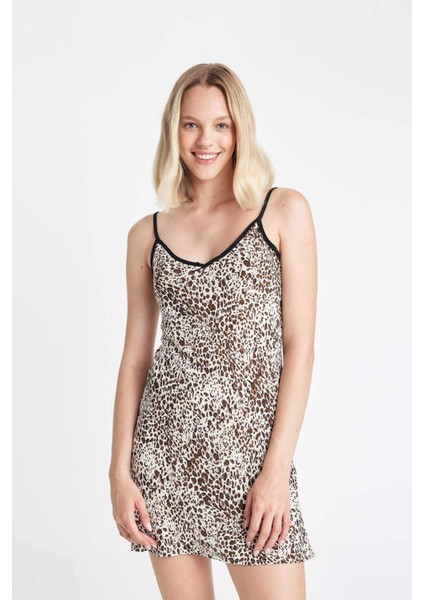 V Yaka Leopar Desenli Askılı Mini Elbise D3545AX24HS