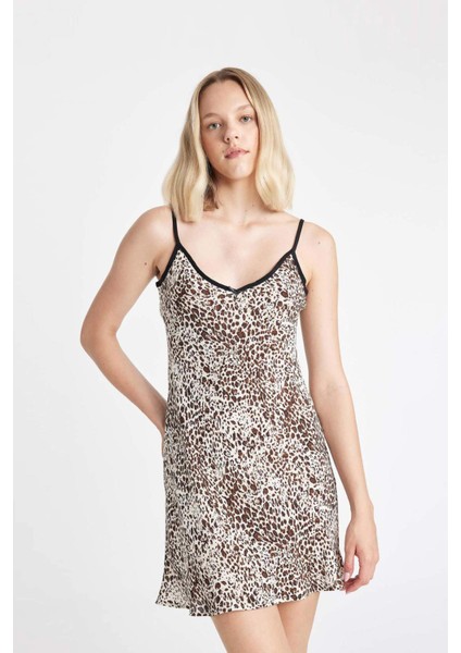 V Yaka Leopar Desenli Askılı Mini Elbise D3545AX24HS