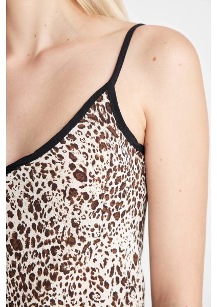 V Yaka Leopar Desenli Askılı Mini Elbise D3545AX24HS