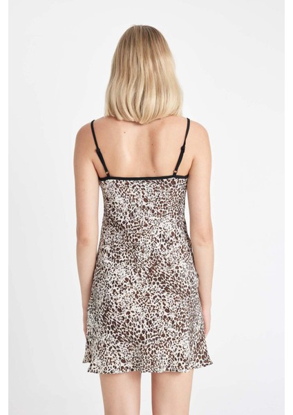 V Yaka Leopar Desenli Askılı Mini Elbise D3545AX24HS