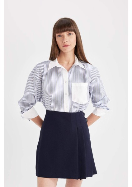 Normal Bel Pileli Basic Düz Lacivert Klasik Mini Etek