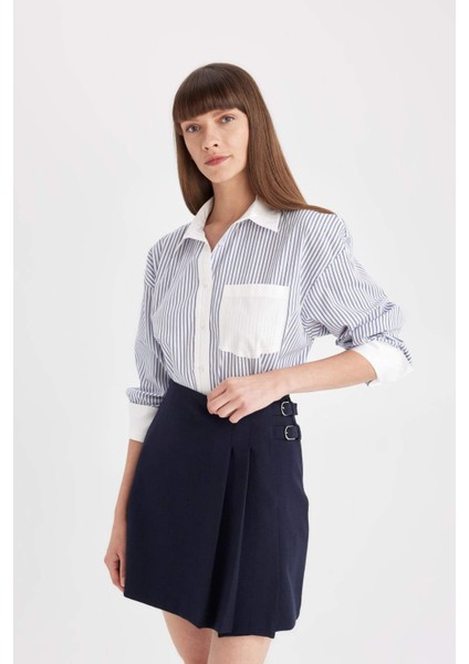 Normal Bel Pileli Basic Düz Lacivert Klasik Mini Etek