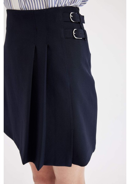 Normal Bel Pileli Basic Düz Lacivert Klasik Mini Etek