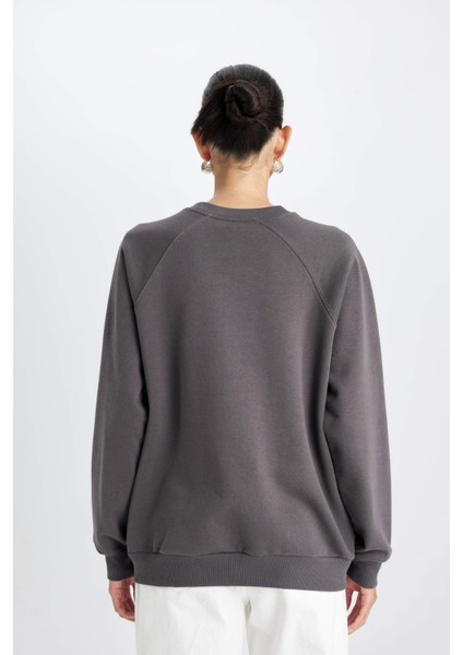 Oversize Geniş Kalıp Bisiklet Yaka Kalın Basic Düz Sweatshirt V2697AZ24WN