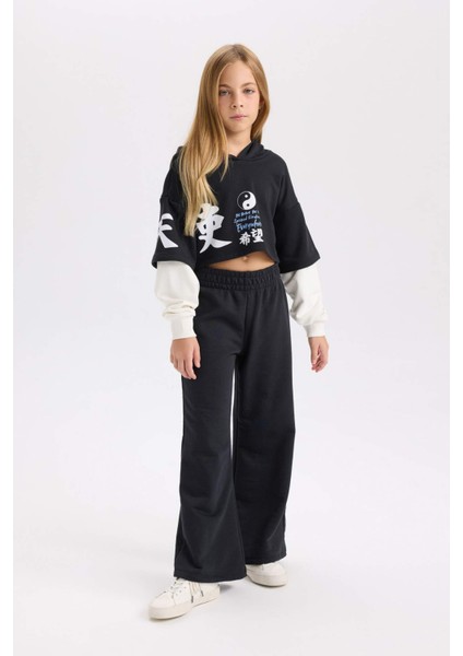 Kız Çocuk 2'li Takım Baskılı Sweatshirt Beli Lastikli Eşofman Altı