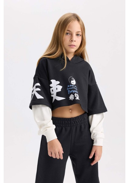 Kız Çocuk 2'li Takım Baskılı Sweatshirt Beli Lastikli Eşofman Altı