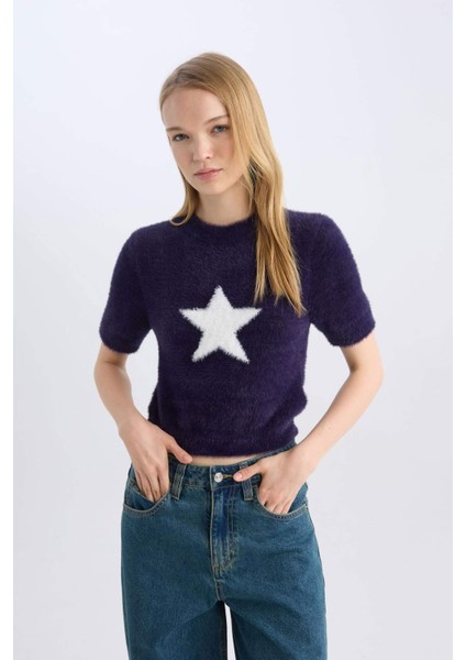 Coool Fitted Bisiklet Yaka Yıldız Baskılı Kısa Kollu Pelüş Triko Kazak C9158AX24WN