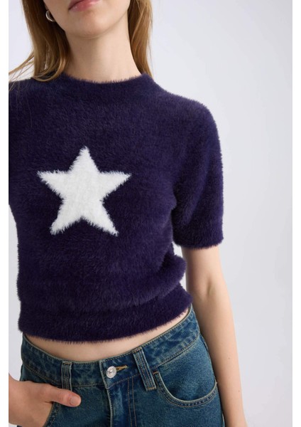 Coool Fitted Bisiklet Yaka Yıldız Baskılı Kısa Kollu Pelüş Triko Kazak C9158AX24WN