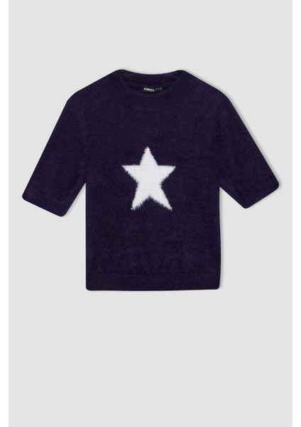 Coool Fitted Bisiklet Yaka Yıldız Baskılı Kısa Kollu Pelüş Triko Kazak C9158AX24WN