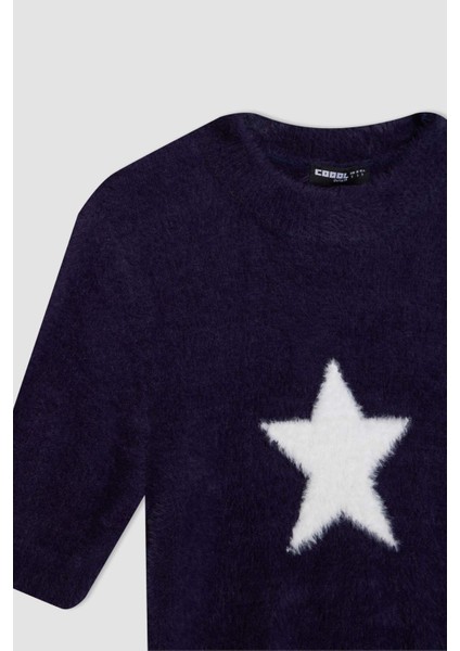 Coool Fitted Bisiklet Yaka Yıldız Baskılı Kısa Kollu Pelüş Triko Kazak C9158AX24WN
