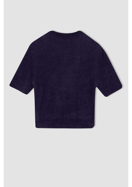 Coool Fitted Bisiklet Yaka Yıldız Baskılı Kısa Kollu Pelüş Triko Kazak C9158AX24WN