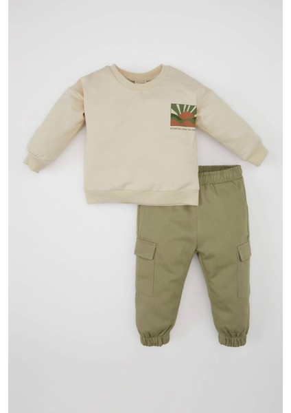 Erkek Bebek 2'li Takım Baskılı Sweatshirt Kargo Cepli Beli Lastikli Pantolon D3348A524AU