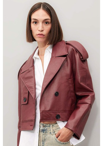 Oversize Geniş Kalıp Smokin Yaka Apoletli Suni Deri Ceket Mont D3753AX24AU