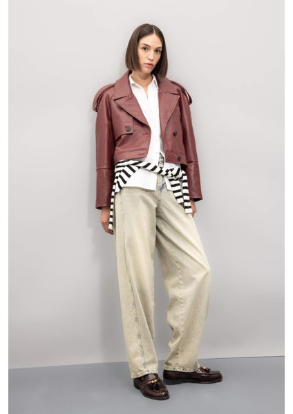 Oversize Geniş Kalıp Smokin Yaka Apoletli Suni Deri Ceket Mont D3753AX24AU