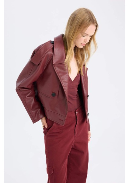 Oversize Geniş Kalıp Smokin Yaka Apoletli Suni Deri Ceket Mont D3753AX24AU