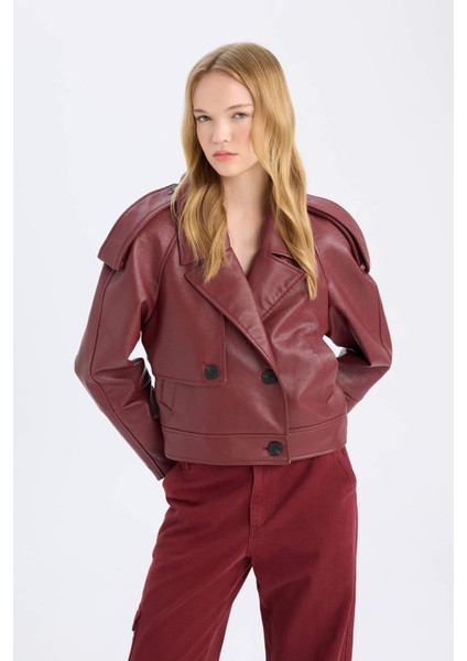 Oversize Geniş Kalıp Smokin Yaka Apoletli Suni Deri Ceket Mont D3753AX24AU