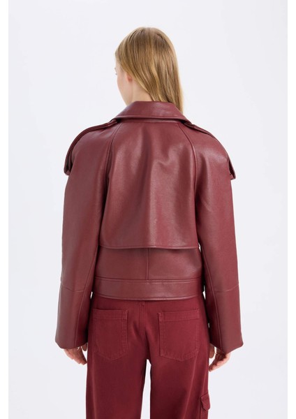 Oversize Geniş Kalıp Smokin Yaka Apoletli Suni Deri Ceket Mont D3753AX24AU